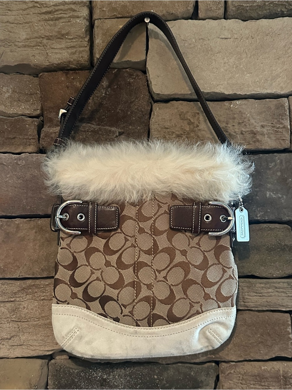 Auth. Coach Brown Signature Canvas Shoulder Bag with Shearling Cream Fur Trim!!